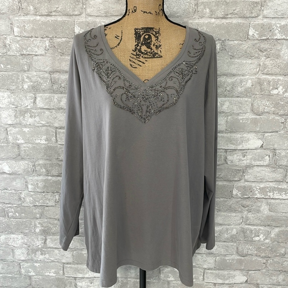 Lane Bryant Venezia Grey Beaded Neckline Top